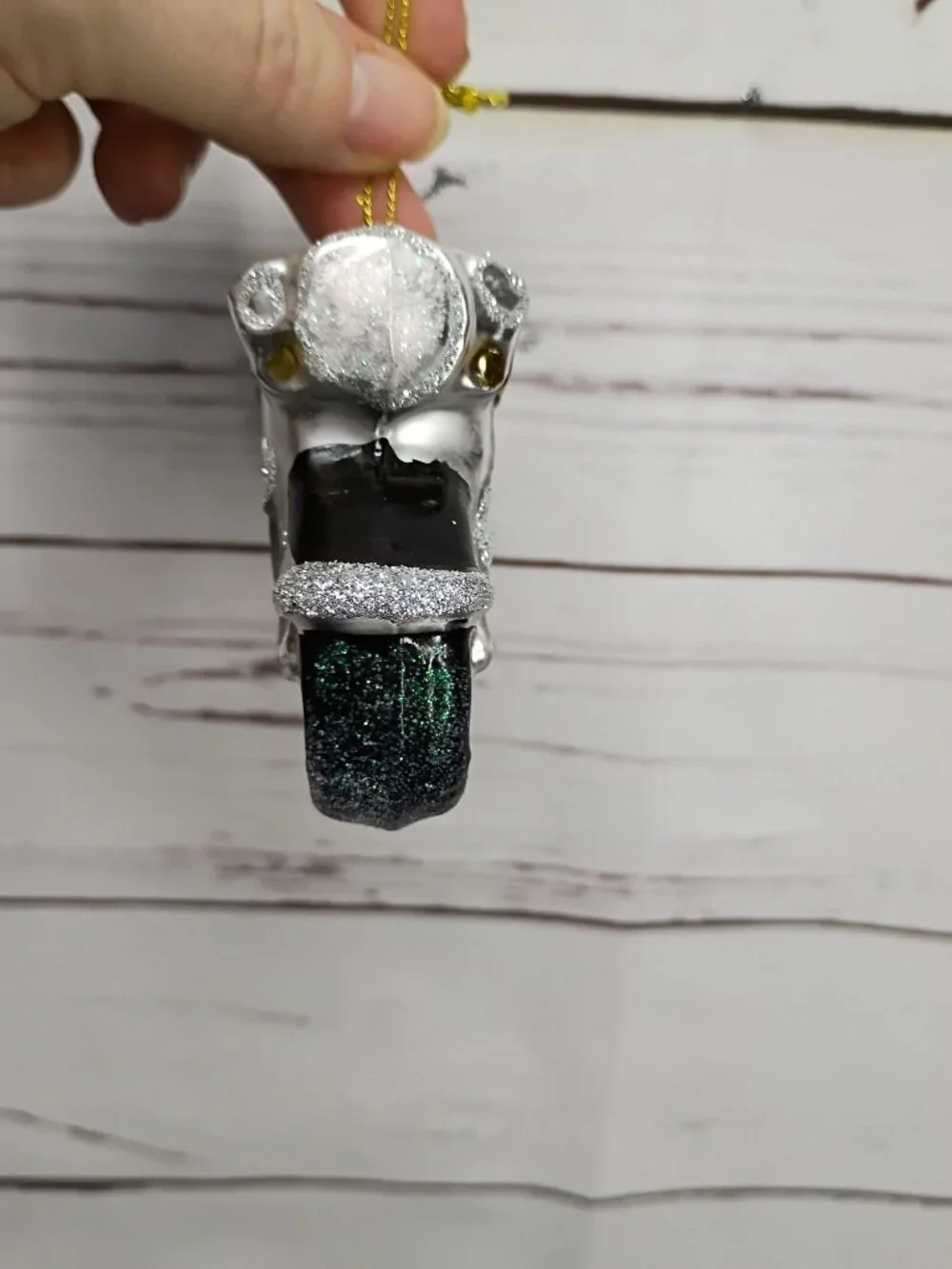 Motorcycle Ornament Glass Christmas Decoration Black & Silver Glitter Hanging Fi